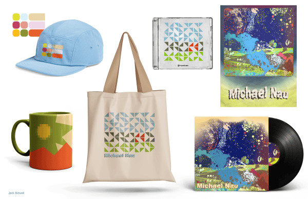 Merchandise design set: cap, tote bag, mug and record sleeves