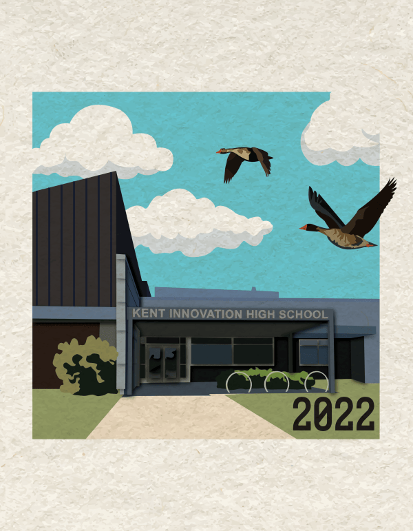 Publication cover illustration of a building and geese, 2022