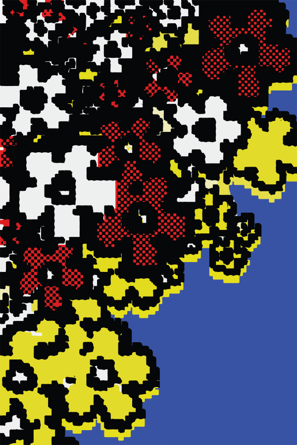 Flower pattern in yellow, white and red on blue