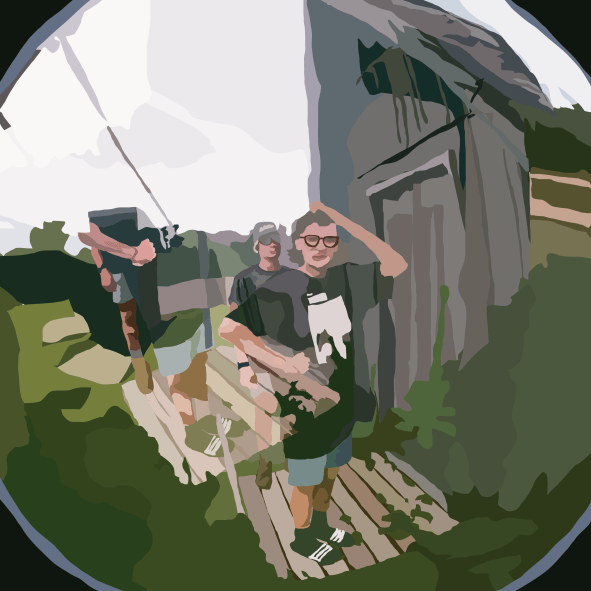 Vector illustration of people beside a shed, fisheye view