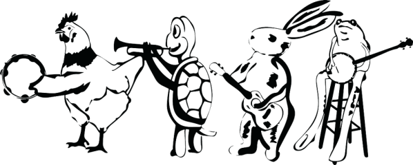 Line drawing of a band of bird characters