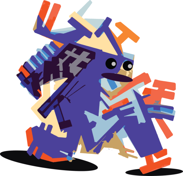 Running character built from blue and orange shapes