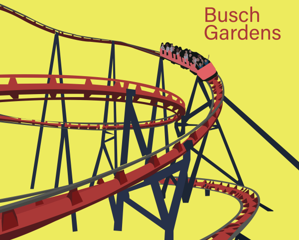 Busch Gardens roller coaster poster in red and yellow