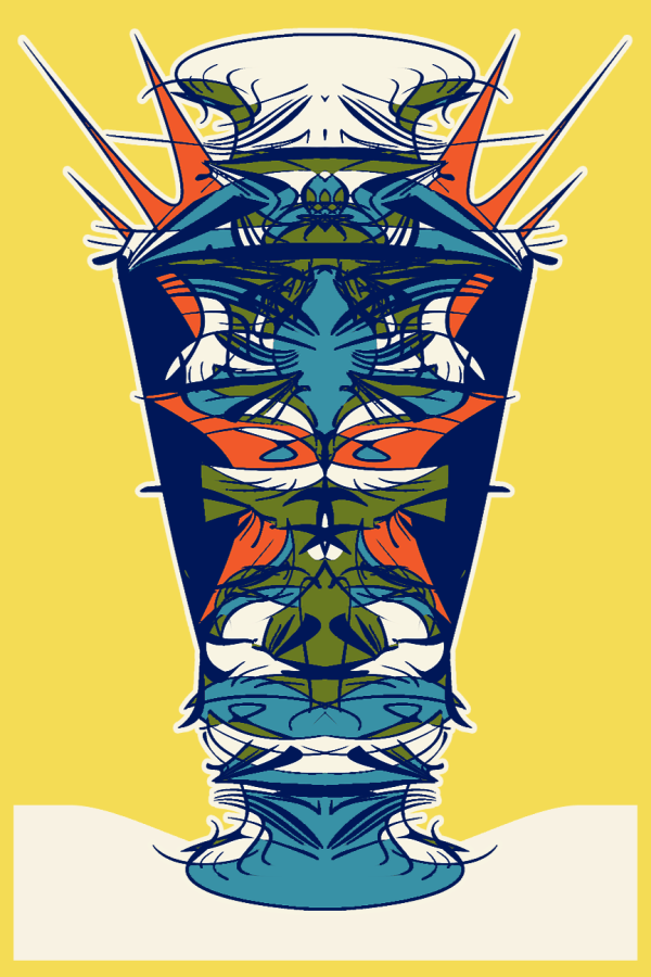 Symmetrical vessel figure in blue on yellow