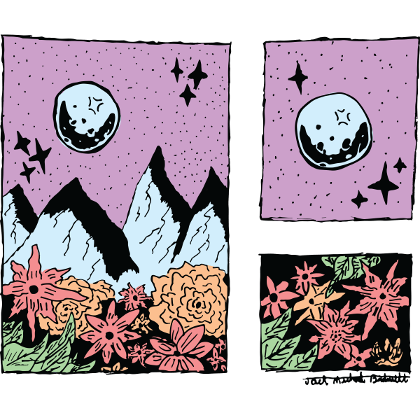 Embroidery patch designs with moon, mountains and flowers