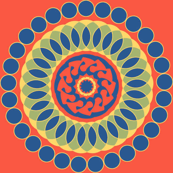 Circular mandala pattern in blue and orange on red