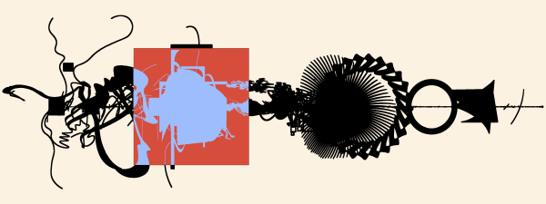 Abstract ink shapes with red and blue blocks on cream