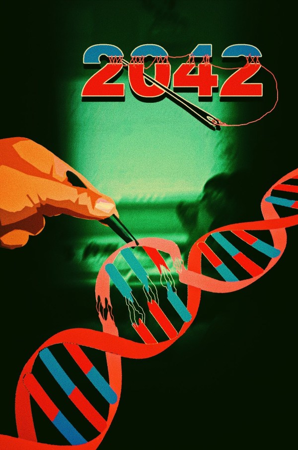 2042 poster with a DNA strand in red and green