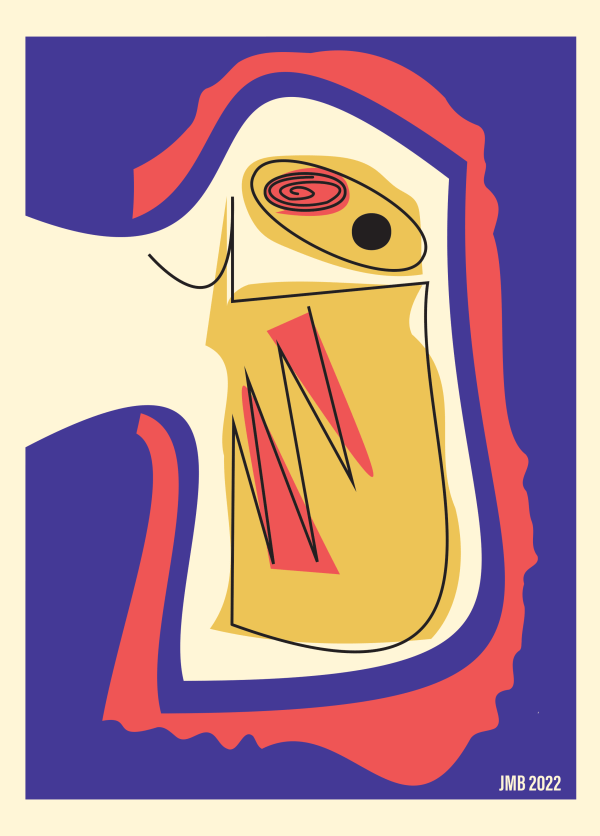 Abstract face in yellow, red and blue