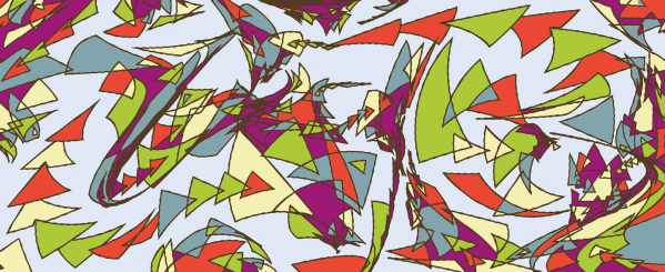 Wide abstract of angular shapes in red, green and yellow