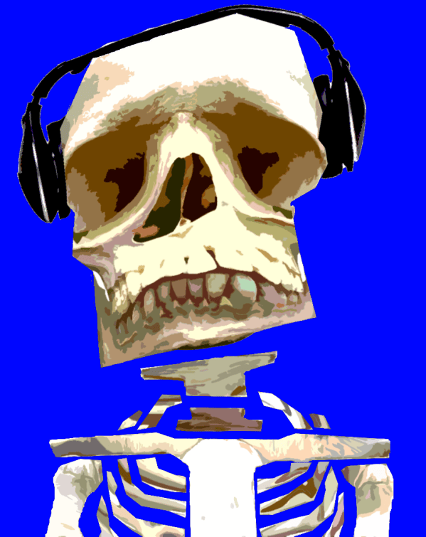 Skeleton wearing headphones on a blue background