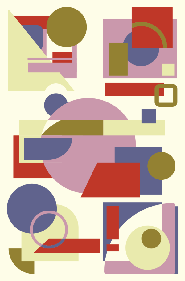 Composition of circles and rectangles in mauve, red and olive