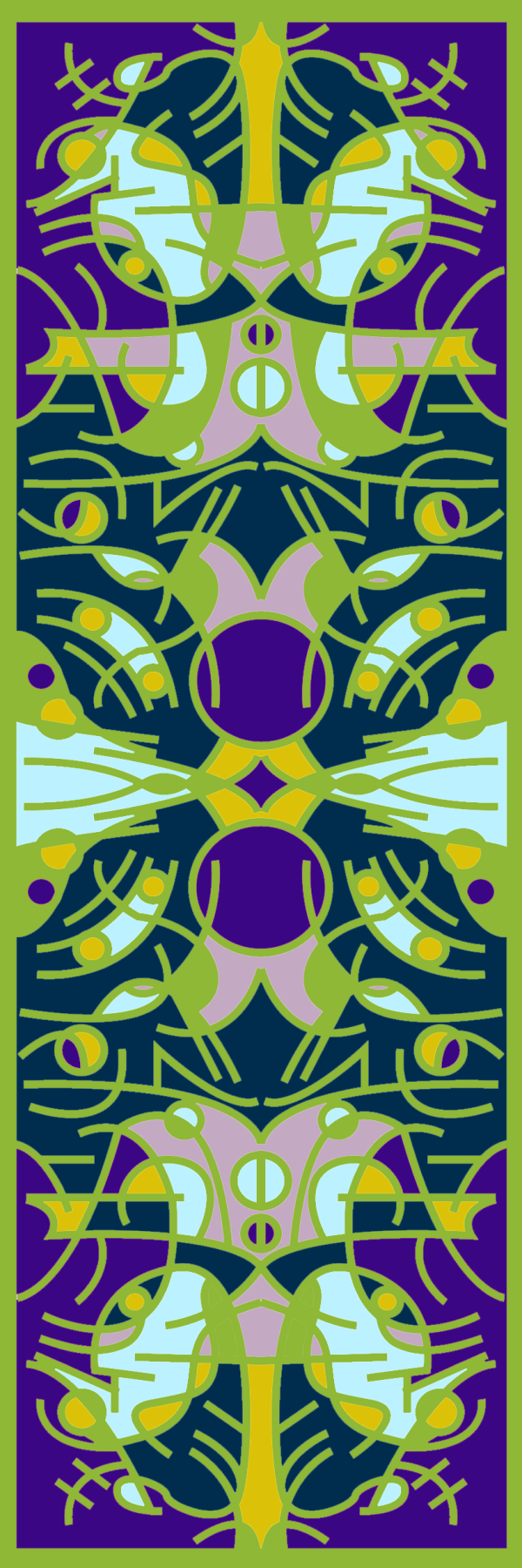 Tall symmetrical ornamental pattern in purple, green and teal
