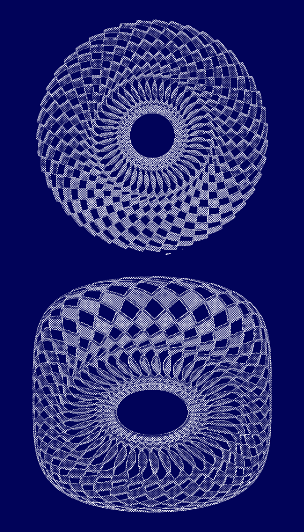 Two white wireframe torus forms on navy