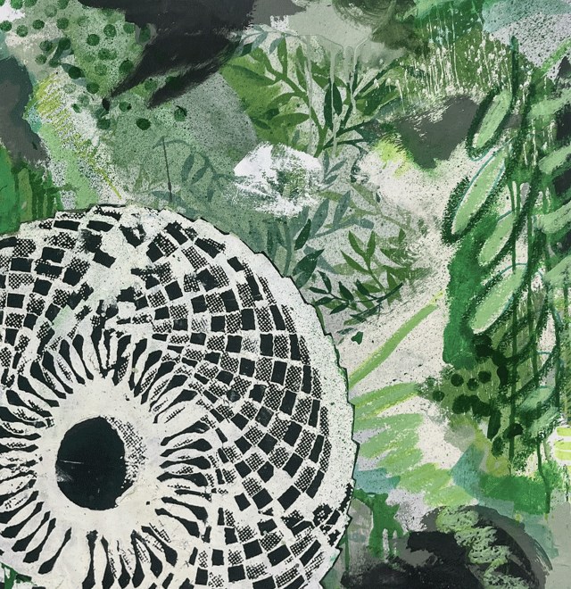 Untitled · 24x24 Acrylic on Patterned Fabric and Oil on Denim · 2024